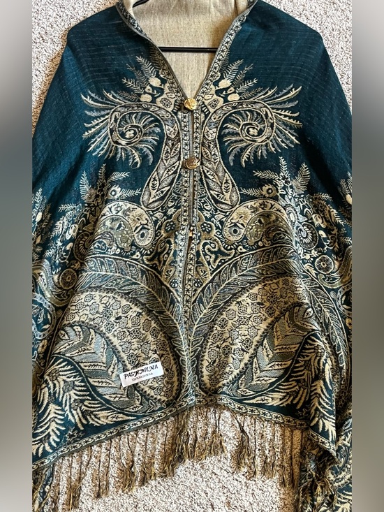 pashmina Other - 100% Pashmina Jaquard Wrap Teal and Gold Woven Paisley Shawl